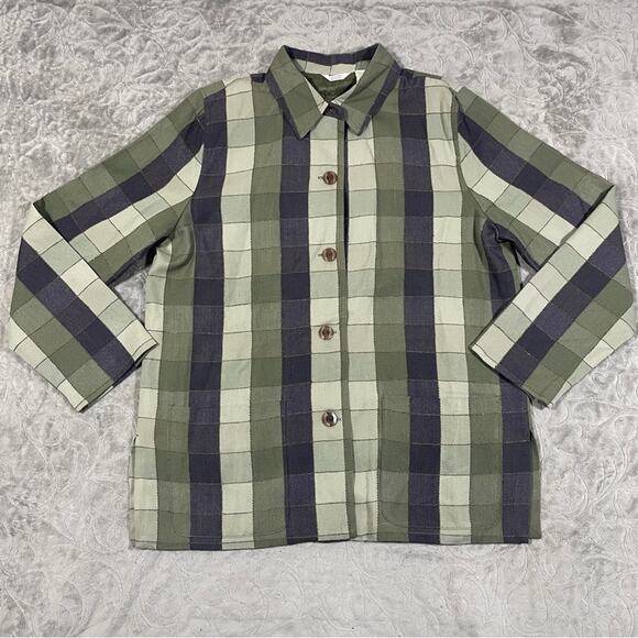 Y2K Vintage Jacket Women's XL Button Down Checkered Green Shacket Wool Fisherman - Picture 1 of 9